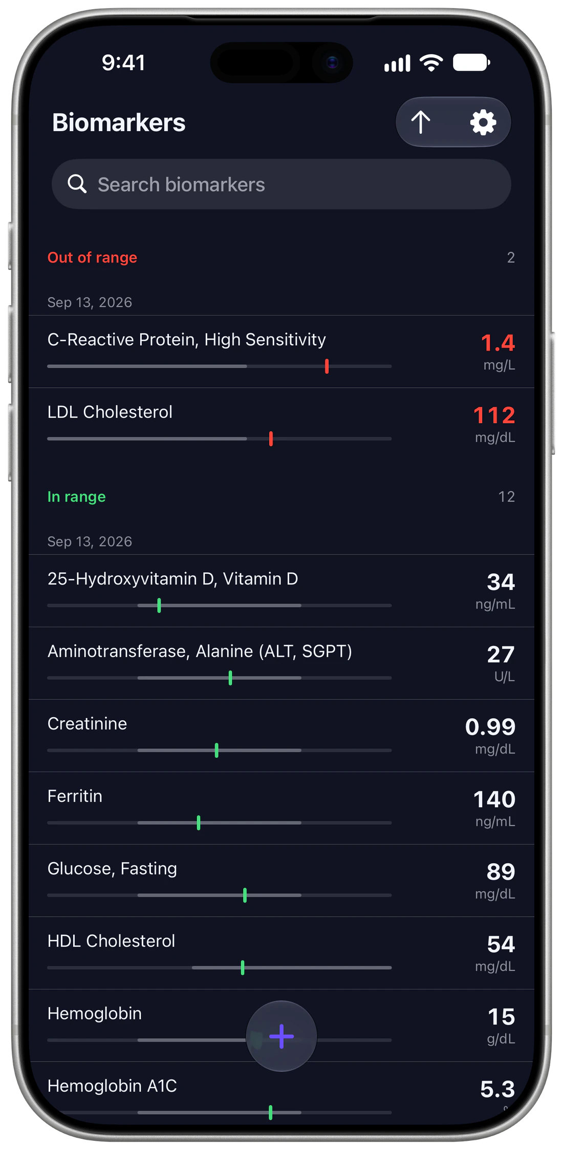 evolve on iPhone: biomarkers grouped into out of range and in range, each with its value and a range track.