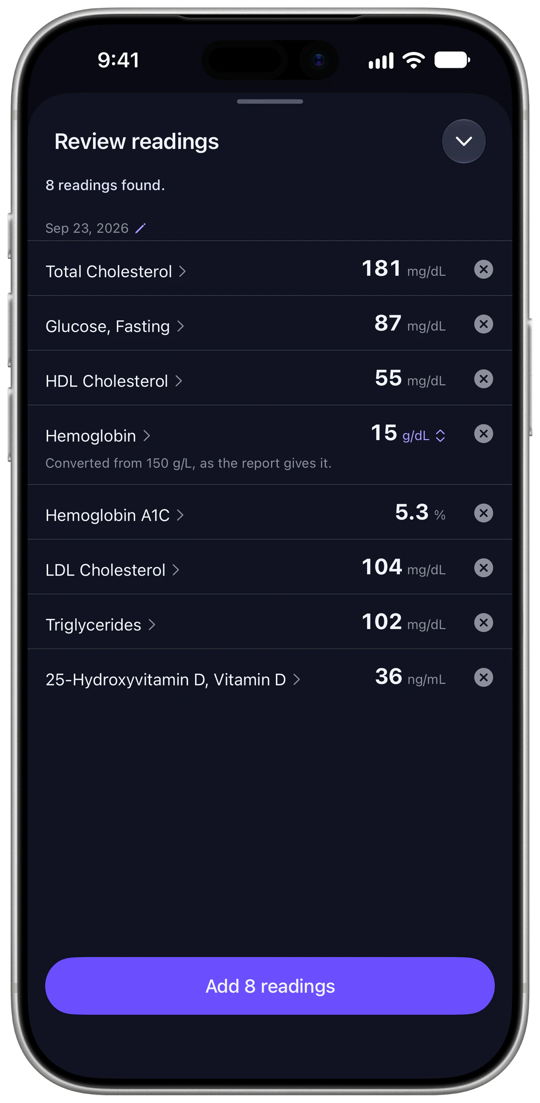 Review readings on iPhone: eight readings found in a lab report dated Sep 23, 2026, each with its value and unit, and an Add 8 readings button.